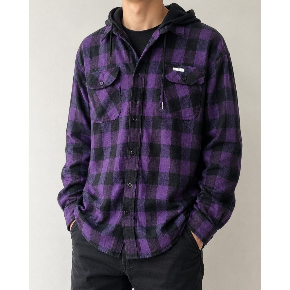 Dream Clothing Purple & Black Plaid Flannel Hooded Shacket Shirt Jacket Size L